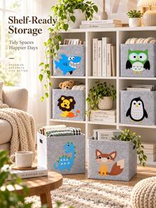 1PC Foldable Felt Storage Bin With Cute Animal Applique, Square Nonwoven Fabric Organizer Basket With Side Handles, Collapsible Cube Storage Box For Closet, Shelf, Bedroom, Dorm, Office, Books, Clothes, Towels And Daily Household Essentials - Lion - View 5