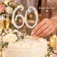60 Number Rhinestone Cake Topper Sparkling Crystal Birthday Party Decoration Elegant Anniversary Wedding Cake Insert Decor 21x13cm - Style a - View 2