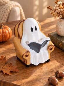 1pc Reading Ghost Figurine, Cute Ghost Sitting In Armchair With Book, Halloween Tabletop Decoration, Soft Spooky Fall Home Decor, Bookshelf Desk Mantel Ornament, Autumn Seasonal Decorative Statue - 1PC - View 2