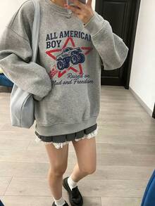 Women's Loose Casual Versatile Letter Cartoon Print Round Neck Sweatshirt, Autumn/Winter - Dark Gray - View 2