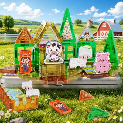 Set de 29 piezas de bloques de construcción magnéticos estilo granja, figuras lindas de animales y personajes de granja, escena de granja DIY para construir, juguete de apilamiento y ensamblaje, juego de construcción creativo, juguetes sensoriales STEM, juguetes magnéticos para preescolar de vuelta a la escuela, regalo de cumpleaños y vacaciones para niños