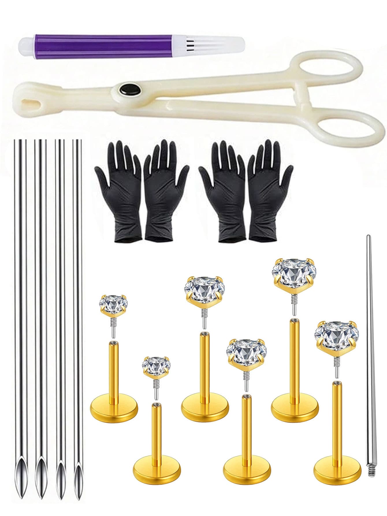 6PCS/17PCS Lip/Nose/Ear Piercing Kit-6pcs Extended Thread Flat Back Zirconia Studs Lip Ring With Needle Clamp Gloves Tragus Helix Piercing Kit - View 1