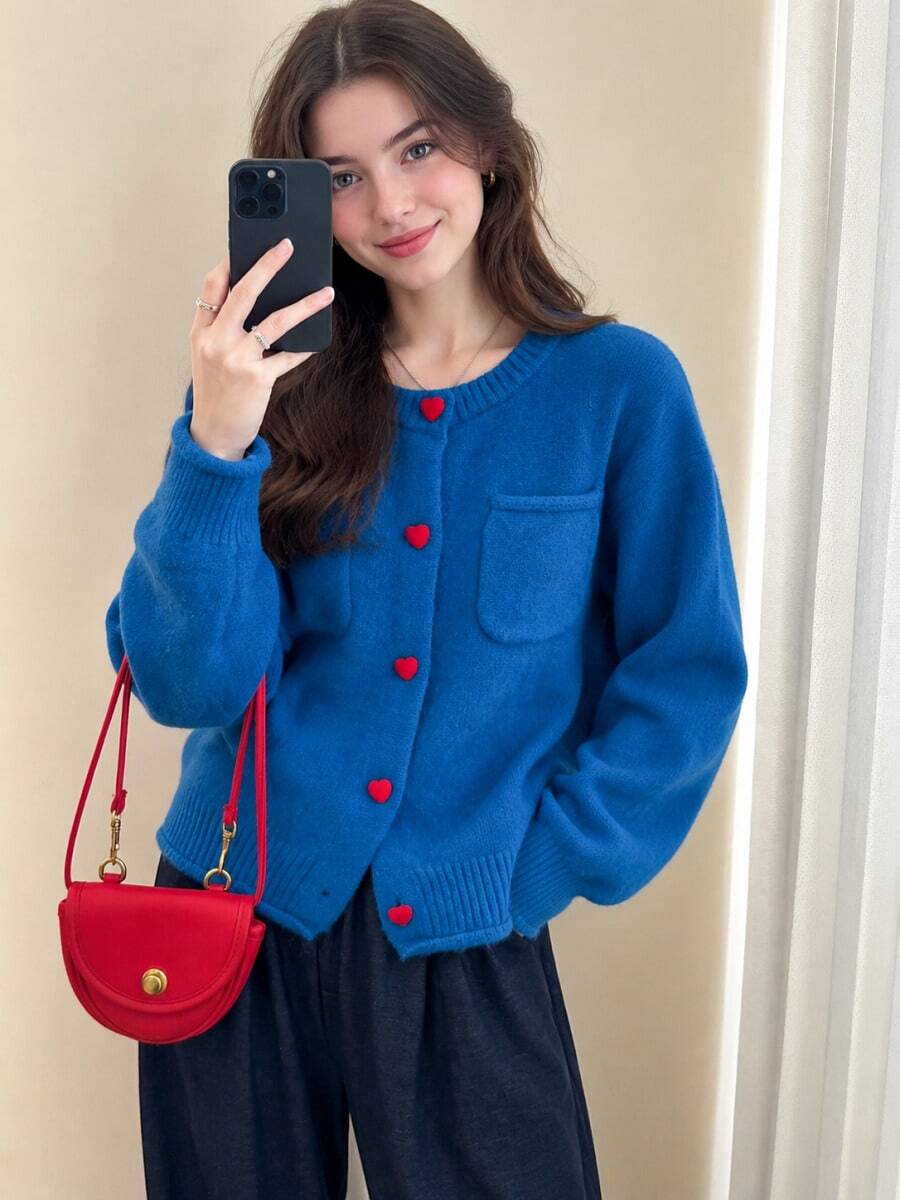 Alicedudu Women's Casual Minimalist Korean Style Contrast Color Button Design Round Neck Sweater Cardigan, Autumn/Winter - Blue - View 1
