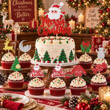 1Pc/16pcs Christmas Cake Topper Merry Christmas Cake Decorations With Santa, Reindeer, Snowman, Christmas Tree, Gift Box And Candy Designs, Red Green Gold Glitter Cake Picks For Holiday Party Supplies - Multicolor - View 5