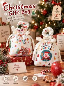 Christmas Drawstring Gift Bag, Santa Snowman Gingerbread House Printed Candy Treat Pouch With Satin Bow Tie, Xmas Holiday Present Wrapping Bag For Christmas Party Gift Giving, Multiple Patterns - Multicolor - View 9