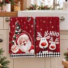 2 buah Handuk Dapur Motif Natal, Santa Claus, Rusa Kutub, Kepingan Salju, Pohon Natal, Desain Teks, Handuk Tangan Merah untuk Liburan, Handuk Dekorasi Rumah Dapur Musim Dingin, Dekorasi Pesta Natal, Hadiah Liburan untuk Memanggang dan Membersihkan - MultiWarna - View 5