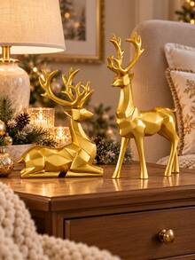 2pcs Gold Reindeer Statue Set, Christmas Decorations 2026, Modern Deer Figurines, Holiday Tabletop Decor For Mantel, Fireplace, Bookshelf, Living Room - Geometric Deer - View 9