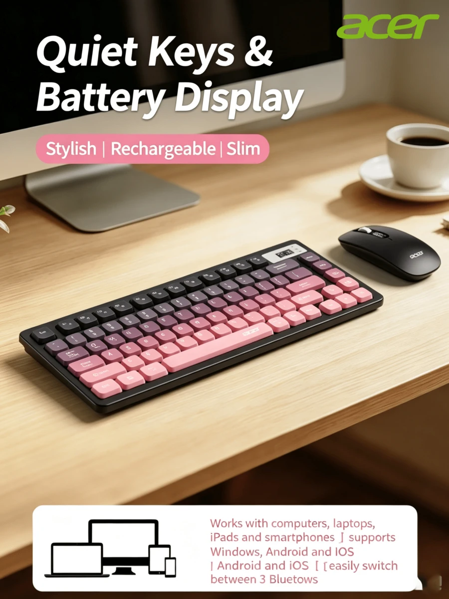 Acer Dilengkapi layar digital | Set keyboard dan mouse nirkabel Bluetooth dual-mode warna hitam dan merah muda. Pengoperasian senyap, dapat diisi ulang, daya tahan baterai lama. Tombol angka berorientasi bisnis. Kompatibel dengan Mac / Tablet / Ponsel / Laptop / Desktop. - View 1
