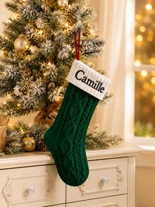 1pc Custom Embroidered Color Block Christmas Stocking, Knitted Xmas Hanging Sock With Personalized Text, 4 Color Options, Fireplace Mantel Home Decor, Unique Holiday Gift For Household Members, Seasonal Wall Hanging Ornament - Multicolor - View 5