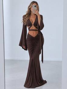 Kliou Hipster 2 Pieces Set Women Sexy Cross Bandages Metal Ring Patchwork Puff Sleeve Crop Tops+Ruched Skirts Matching Party Suit - Brown - View 5