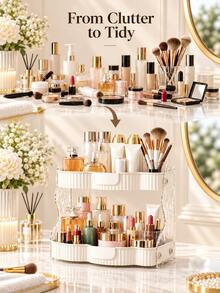 Double Layer Wavy Cosmetic Storage Rack, Light Luxury Cream Style Desktop Organizer, Large Capacity Vanity Skincare Perfume Storage Box, Can Hold Makeup Brushes Lipstick Face Cream, Bathroom Sink Cup Miscellaneous Multi-Functional Tiered Storage Tray - Multicolor - View 3