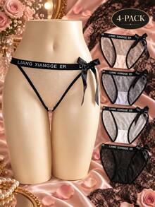 4 piezas de bragas triangulares minimalistas y sexys para mujer, bragas de malla de encaje con lunares semitransparentes, lazo y letras de moda en la cintura, cintura media y entrepierna de algodón puro - Multicolor - Ver 9