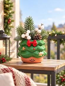 Christmas Resin Figurine Planter, Cute Santa & Tree Shape Decor Pot With Artificial Pine, Tabletop Holiday Centerpiece For Home Mantel, Window, Balcony, Xmas Party Decor & Festive Gift For Family Friends - A - View 6