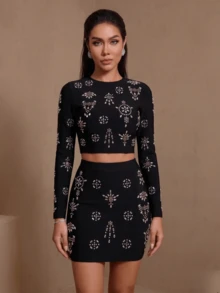 Fashionable Elegant Shiny Rhinestone Cropped Top And Skirt Party Set - Black - View 2