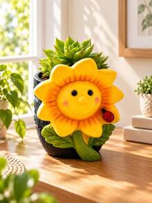 Cute Sunflower Face Planter Pot With Ladybug, Decorative Succulent Plant Pot, Smiling Flower Plant Container For Indoor Home Garden, Desktop, Window Sill & Shelf Decor - A - View 3