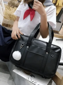 Dedoo 女款純黑色人造皮革JK托特包，多口袋設計附毛球吊飾，大容量，日系校園風，適合上學、Cosplay、青少年女孩 - 黑色 - 查看 3