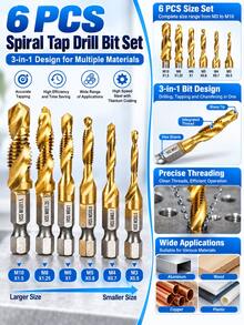 STONEGO 6pcs/12pcs Set HSS4341 Woodworking M3/M4/M5/M6/M8/M10 Metric Thread Tapping Drill Bits, Tool Accessories - Multiple Styles and Colors - View 2