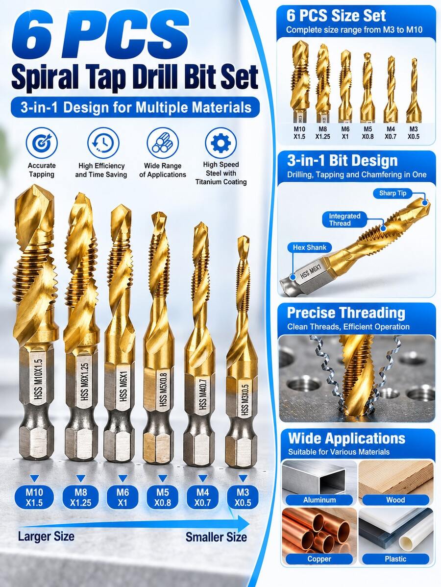 STONEGO 6pcs/12pcs Set HSS4341 Woodworking M3/M4/M5/M6/M8/M10 Metric Thread Tapping Drill Bits, Tool Accessories