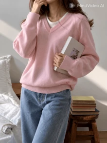 New Autumn/Winter Women's Pink Lightweight Knit Top - Pink - View 4