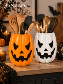 1pc Halloween Jack-O'-Lantern Utensil Holder, Pumpkin Face Kitchen Counter Storage Crock, 2 Colors Orange & White, Decorative Cutlery Container For Countertop, Fall Harvest Kitchen Decor - Multicolor - View 9