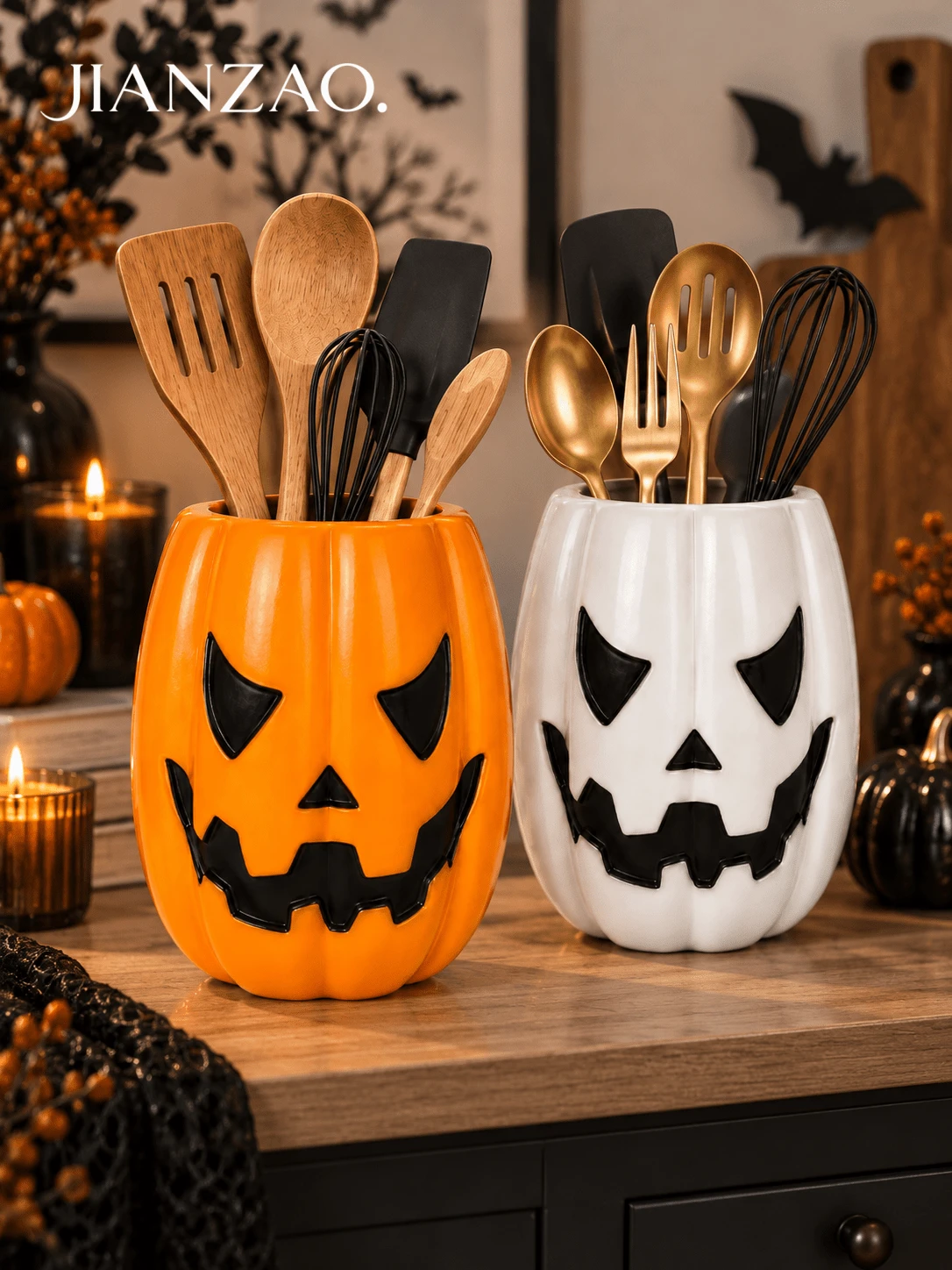 1pc Halloween Jack-O'-Lantern Utensil Holder, Pumpkin Face Kitchen Counter Storage Crock, 2 Colors Orange & White, Decorative Cutlery Container For Countertop, Fall Harvest Kitchen Decor - Multicolor - View 1