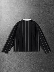 Krometka Men's Contrast Color Lapel Vertical Striped Long Sleeve Polo Shirt, Minimalist Letter Embroidery Loose Casual Top - Black - View 4