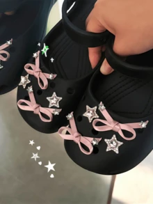 8pcs Rhinestone Star & Pink Satin Ribbon Bow Hanging Decorations, Cute DIY Shoe Charms, Suitable For Slippers And Sandals - Multicolor - View 1