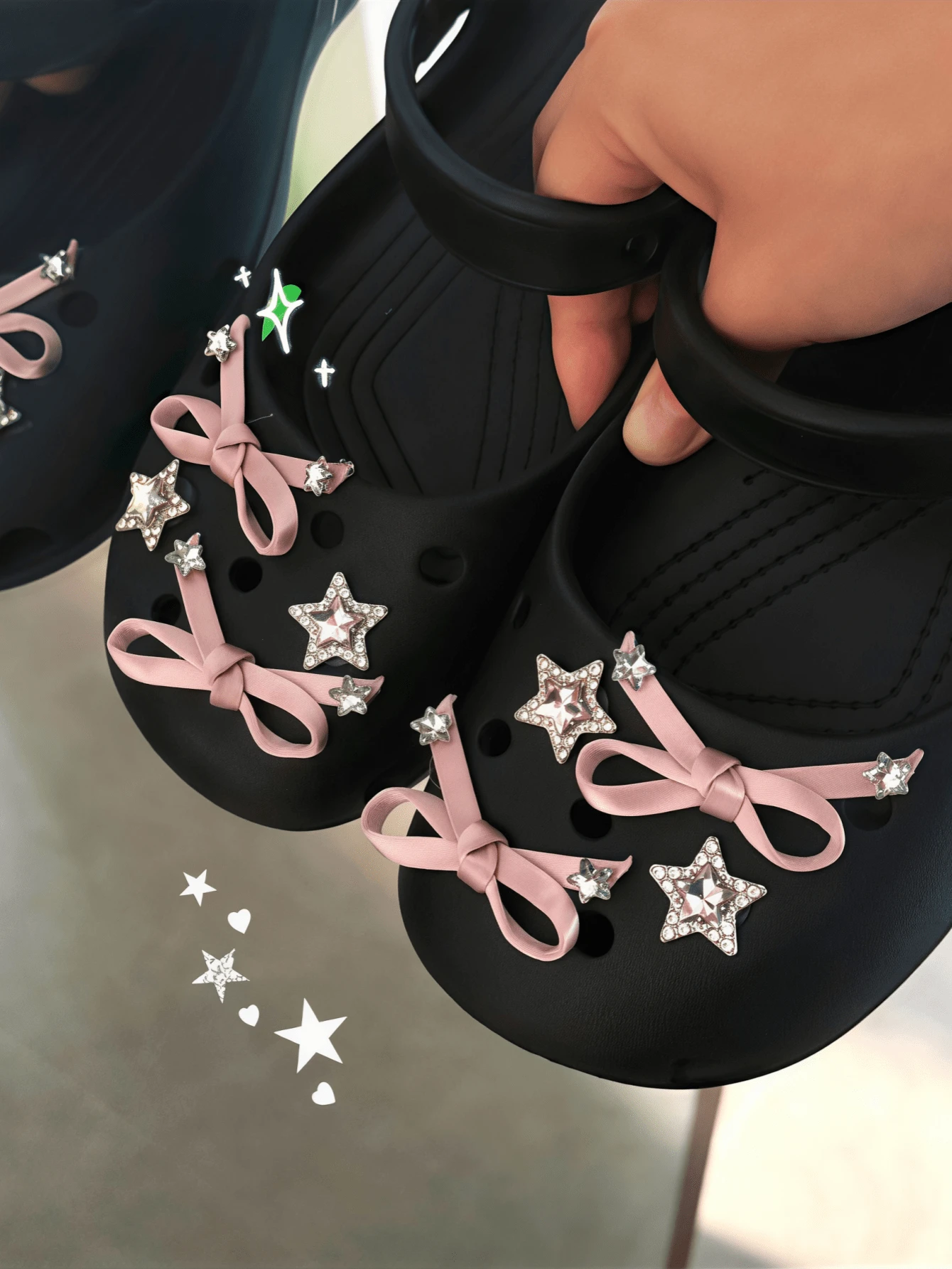 8pcs Rhinestone Star & Pink Satin Ribbon Bow Hanging Decorations, Cute DIY Shoe Charms, Suitable For Slippers And Sandals - Multicolor - View 1