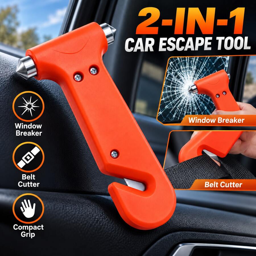 1pc 2-In-1 Car Escape Tool, Dual-Head Window Breaker & Hidden Seatbelt Cutter, Compact Portable Emergency Car Hammer With Orange Easy-Grip Handle, Suitable For Glove Box, Door Storage Pocket, Center Console, Ideal For Long Trips, Essential Car Accessory For Drivers, Christmas Gift For Women - Multicolor - View 1