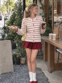 New Women's Casual Minimalist French Gentle Style Striped Round Neck Sweater Cardigan Jacket, Spring Autumn Winter - Red and White - View 2