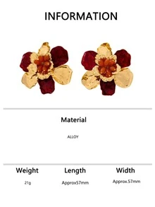 1 Pair Vintage Red & Gold Floral Oversized Earrings, Exaggerated Heavy Crafting 3D Petal Design, Niche Style Party Wear Accessory - Burgundy - View 6