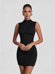 Elegant High Neck Sleeveless Corset Waist Mini Dress - Black - View 6