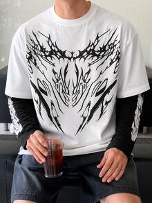Krometka Men's Dark Thorn Print 2 In 1 Long Sleeve T-Shirt, American Street Style Retro Patchwork Contrast Color Crew Neck Top - White - View 3