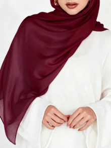 1 pc Hijab Wanita Sifon Lembut dengan Dekorasi Mutiara Tiruan Warna Polos, Cocok untuk Pemakaian Harian dan Gaya Konservatif untuk Abaya - Burgundy - View 2