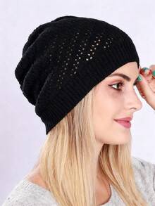 1pc Women Black Single Layer Thin Ruched Hollow Out Slouchy Beanie Hat Windproof Cold-Proof Fashion Warm Outdoor Knitted Knitted Cap Postpartum Hat - Black - View 2