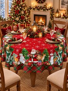 1pc Red Santa Snowman Christmas Tablecloth, Festive Holiday Polyester Round & Square Table Cover With Christmas Tree, Reindeer, Gift & Tartan Border Print, Decorative Dining Table Cover For Christmas Dinner, Winter Party & Home Decor - Multicolor - View 1
