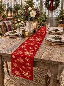 1pc Christmas Table Runner, Red Background With Gold Snowflake Pattern, Winter Holiday Kitchen Dining Table Centerpiece Decor Cloth, Christmas Home Party Table Setting - Multicolor - View 7