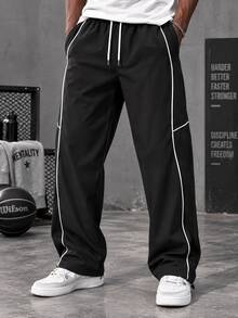 1pc Men's Black Wide Leg Pants, Black Base With White Contrast Line Design, Smooth Drape Fabric, Wrinkle-Resistant And Easy Care, Dual Side Practical Pockets, Machine Washable, Sporty Casual, American Street Style, Versatile Daily Commute Wide Leg Pants - Black - View 1
