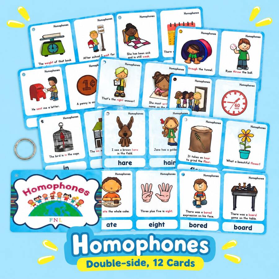 Lachilly 12pcs Children's English Homophone Flash Cards, Vocabulary Learning Cards, Double-Sided Educational Language Learning Toy, Interactive Learning Supplies