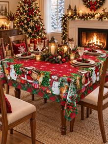 1pc Red Santa Snowman Christmas Tablecloth, Festive Holiday Polyester Round & Square Table Cover With Christmas Tree, Reindeer, Gift & Tartan Border Print, Decorative Dining Table Cover For Christmas Dinner, Winter Party & Home Decor - Multicolor - View 5