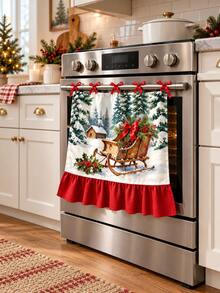 Christmas Sleigh Oven Curtain, Watercolor Winter Forest Cabin Print Ruffle Edge Oven Mitts, Kitchen Decor - Christmas Sleigh Door Curtain - View 6