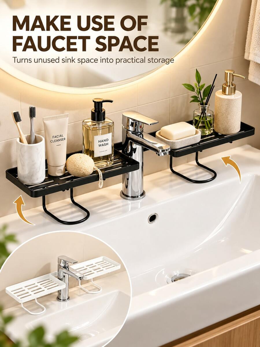 Bathroom Faucet Storage Rack - Bathroom Essential, Featuring Drill-Free, Wrap-Around And Hollow Quick-Dry Design. Moisture-Proof And Breathable, Suitable For Bathroom Sink Faucet And Kitchen Sink Faucet. - Multicolor - View 1