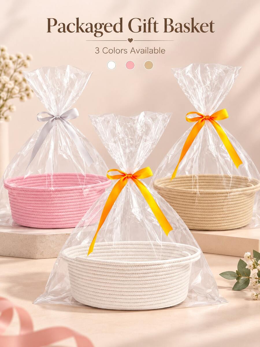 Woven Gift Basket With Bag And Ribbon - Suitable For Mom, Baby Shower, Birthday And Raffle - Can Be Used To Store Dog Toys Or As A Rope Storage Basket On A Shelf - Multiple Colors Available - Multicolor - View 1