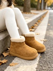 Kids Faux Suede Short Winter Boots, Fuzzy Fleece Cuff Lined Warm Snow Boots, Soft Flat Sole, For Autumn Winter Daily, Outdoor & School Wear - Camel - View 3