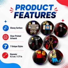 7pcs Roblox Theme Enamel Brooch Set, Round 4.5cm Eerie Badge, Gothic Skull & Horror Character Design, Durable Clasp, Suitable For Halloween Party, Cosplay, Backpack, Jacket, Bag Decoration, Horror Fan Gift - A - View 1