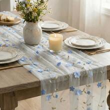 Blue 3D Flower Gauze Embroidery Table Runner 120 Inch 10FT, Tulle Seasonal Spring Kitchen Dining Holiday Table Decor For Home Party - Baby Blue - View 5