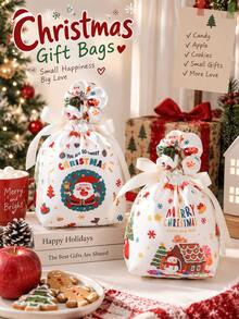 Christmas Drawstring Gift Bag, Santa Snowman Gingerbread House Printed Candy Treat Pouch With Satin Bow Tie, Xmas Holiday Present Wrapping Bag For Christmas Party Gift Giving, Multiple Patterns - Multicolor - View 4