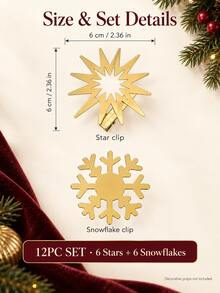 12pcs/Set (6 Stars + 6 Snowflakes) Gold Metal Christmas Decorative Clips, Exquisite Christmas Style Hollow Radial Star And Snowflake Design Back Clips, Suitable For Christmas Tree, Wreath, Gift Box Ribbon And Winter Holiday Home Decor - 6 Stars + 6 Snowflakes - View 8