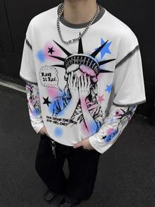 Krometka Men's American Street Style Face-Covering Statue Of Liberty 2 In 1 Long Sleeve Sweatshirt, Spray-Painted Star & Letter Print Loose Fit Pullover - White - View 3