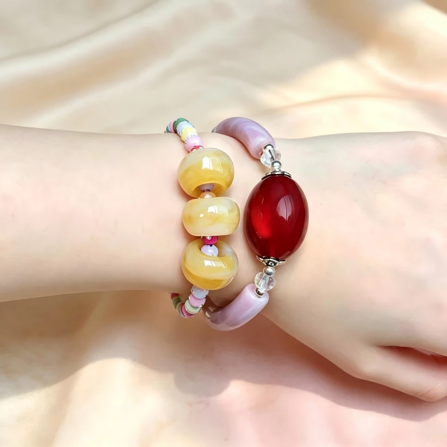 2pcs Vintage Bohemian Beaded Bracelet Set, Handmade Stackable Resin Curved Tube Colorful Beads Elastic Wristbands, Best Friend Gift - Multicolor - View 1